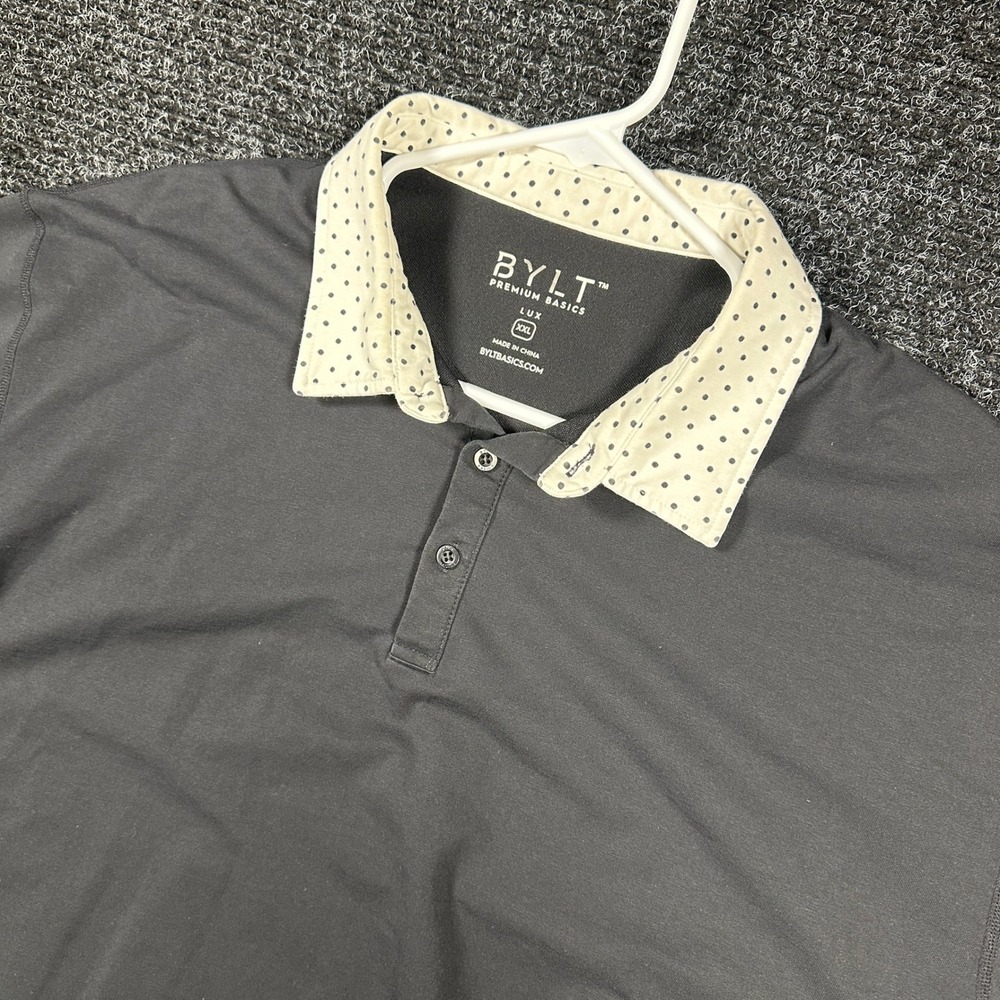 BYLT Polo Shirt Men‎ XXL Black Polka Dot Trim Lux Short Sleeve Drop-Cut Athletic